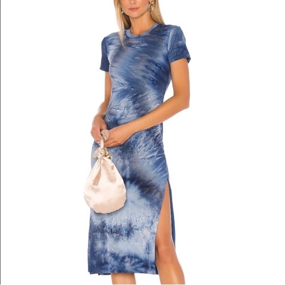 Revolve Lovers + Friends Irina Tie Dye Midi Dress Medium Navy Blue Stretch Slit - Picture 2 of 8